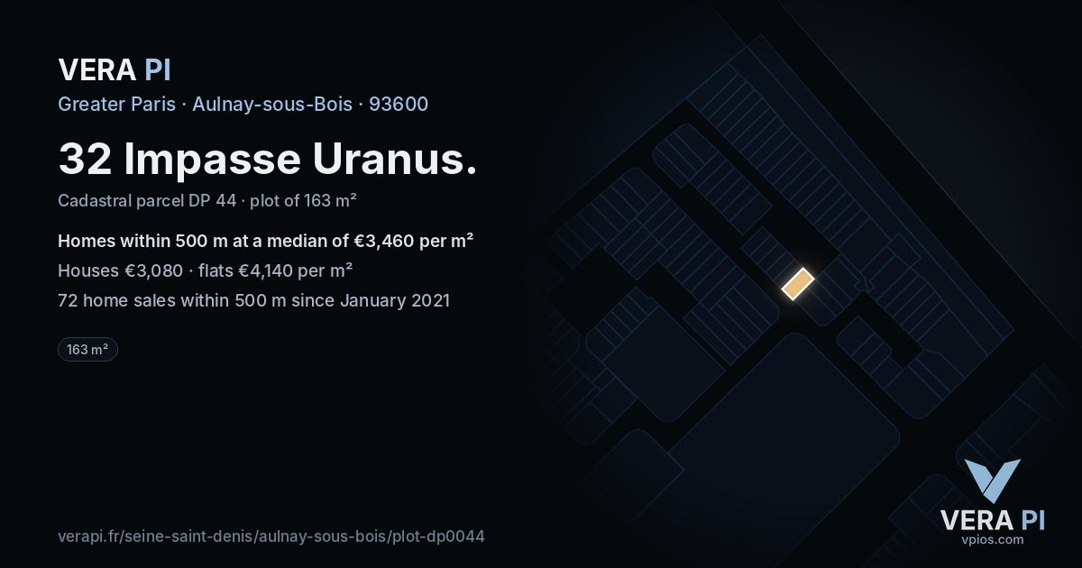 32 Impasse Uranus, Aulnay-sous-Bois at night – the plot lit, the parcels around coloured by the prices near them
