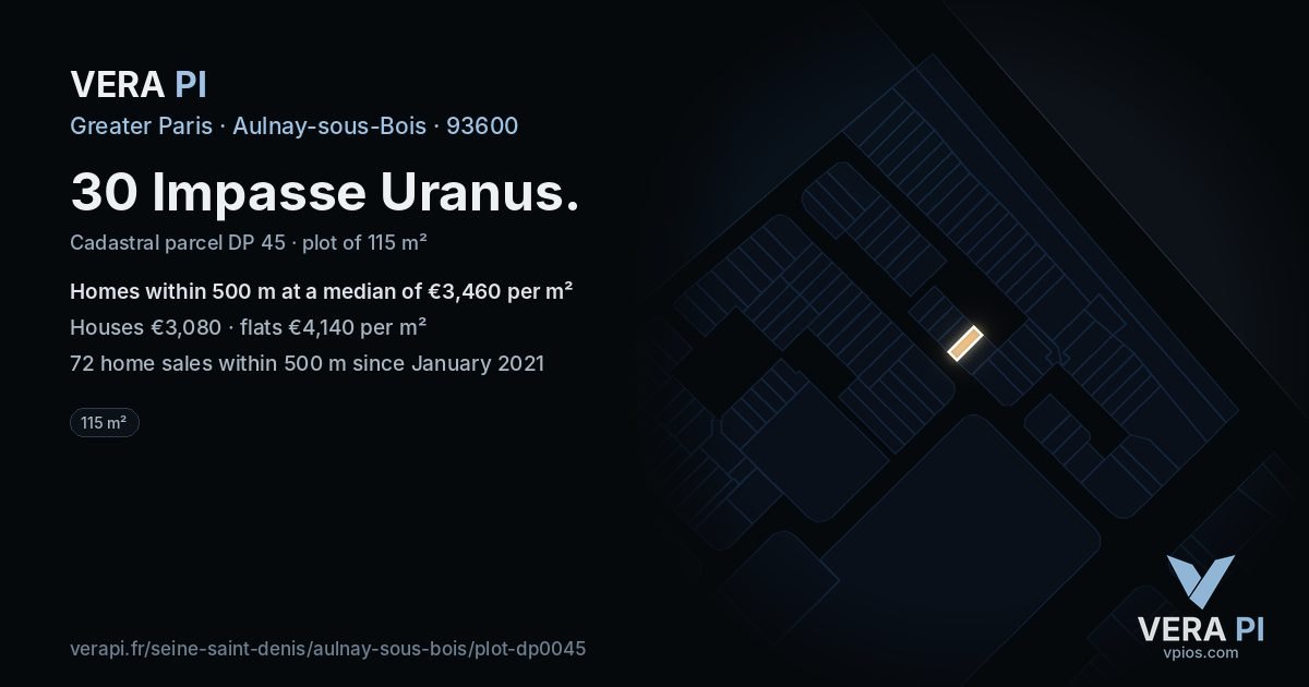 30 Impasse Uranus, Aulnay-sous-Bois at night – the plot lit, the parcels around coloured by the prices near them