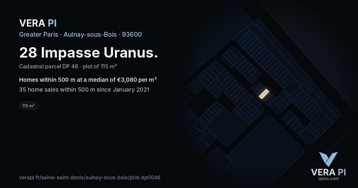 28 Impasse Uranus, Aulnay-sous-Bois at night – the plot lit, the parcels around coloured by the prices near them