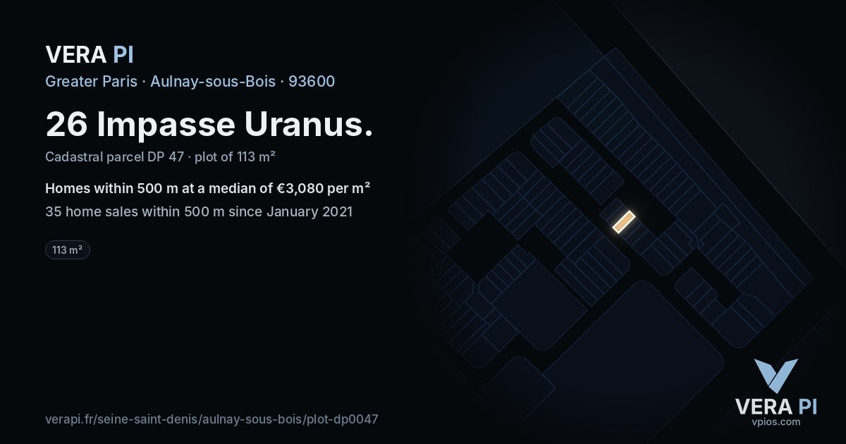 26 Impasse Uranus, Aulnay-sous-Bois at night – the plot lit, the parcels around coloured by the prices near them