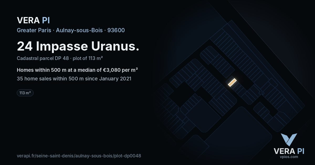 24 Impasse Uranus, Aulnay-sous-Bois at night – the plot lit, the parcels around coloured by the prices near them