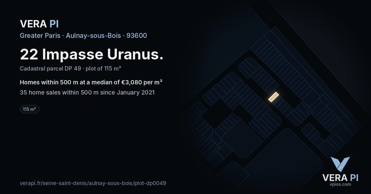 22 Impasse Uranus, Aulnay-sous-Bois at night – the plot lit, the parcels around coloured by the prices near them