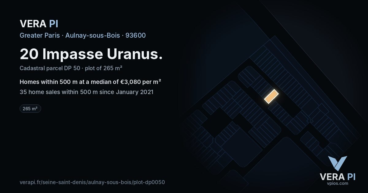 20 Impasse Uranus, Aulnay-sous-Bois at night – the plot lit, the parcels around coloured by the prices near them