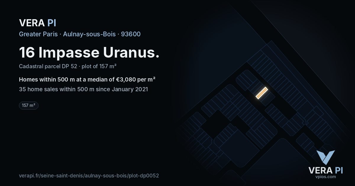 16 Impasse Uranus, Aulnay-sous-Bois at night – the plot lit, the parcels around coloured by the prices near them