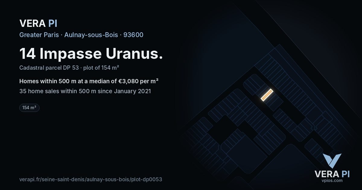 14 Impasse Uranus, Aulnay-sous-Bois at night – the plot lit, the parcels around coloured by the prices near them