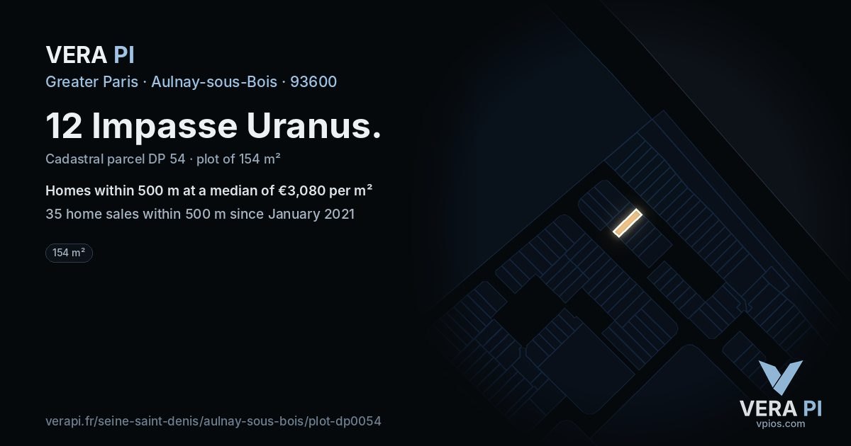 12 Impasse Uranus, Aulnay-sous-Bois at night – the plot lit, the parcels around coloured by the prices near them