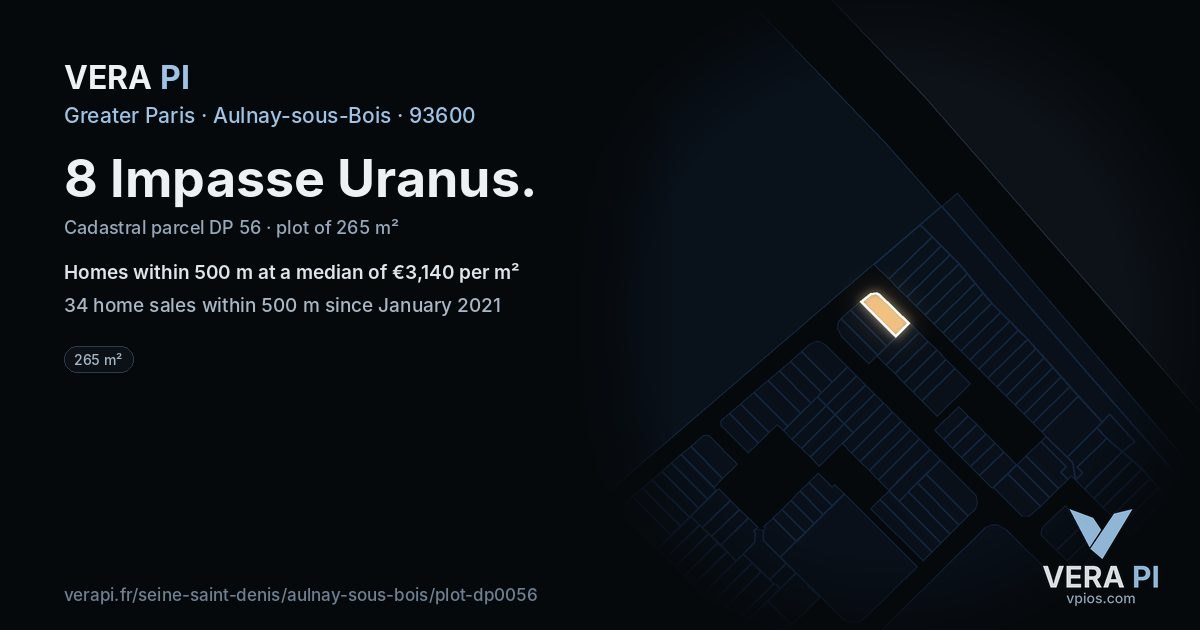 8 Impasse Uranus, Aulnay-sous-Bois at night – the plot lit, the parcels around coloured by the prices near them