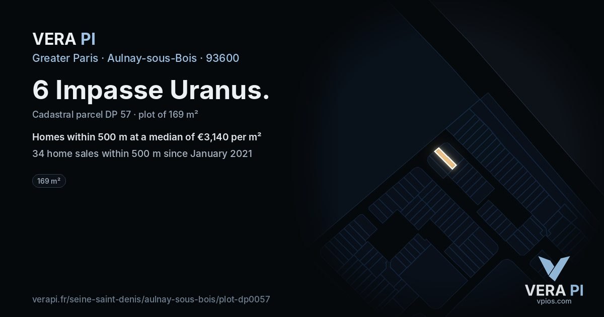 6 Impasse Uranus, Aulnay-sous-Bois at night – the plot lit, the parcels around coloured by the prices near them