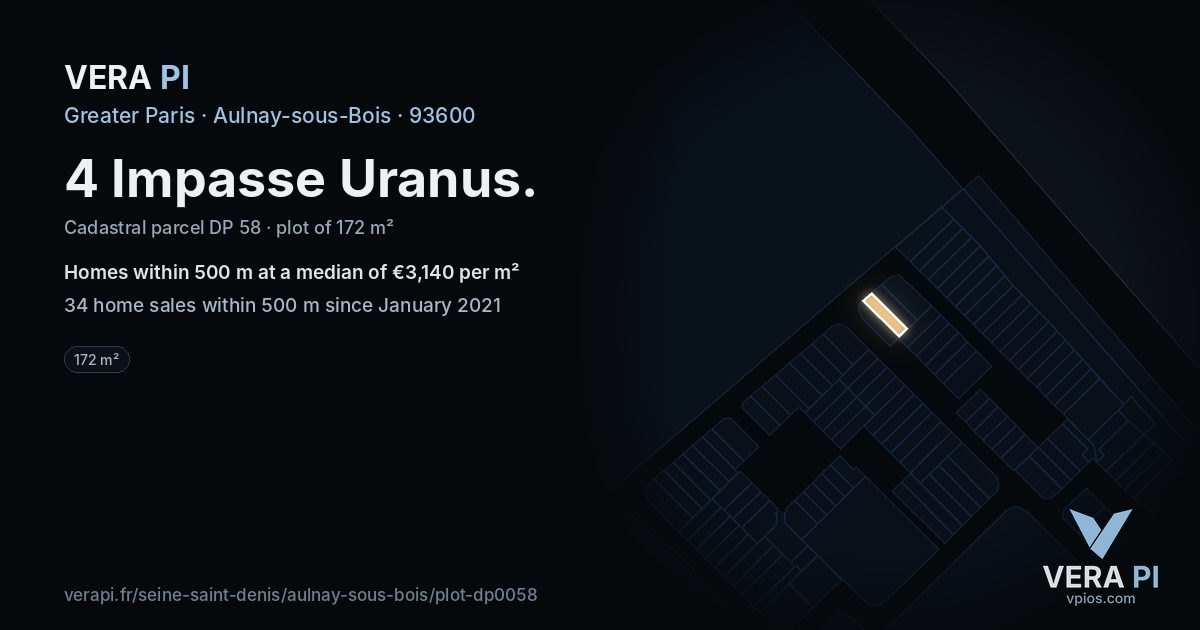 4 Impasse Uranus, Aulnay-sous-Bois at night – the plot lit, the parcels around coloured by the prices near them