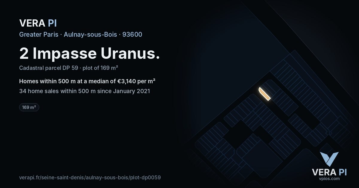 2 Impasse Uranus, Aulnay-sous-Bois at night – the plot lit, the parcels around coloured by the prices near them