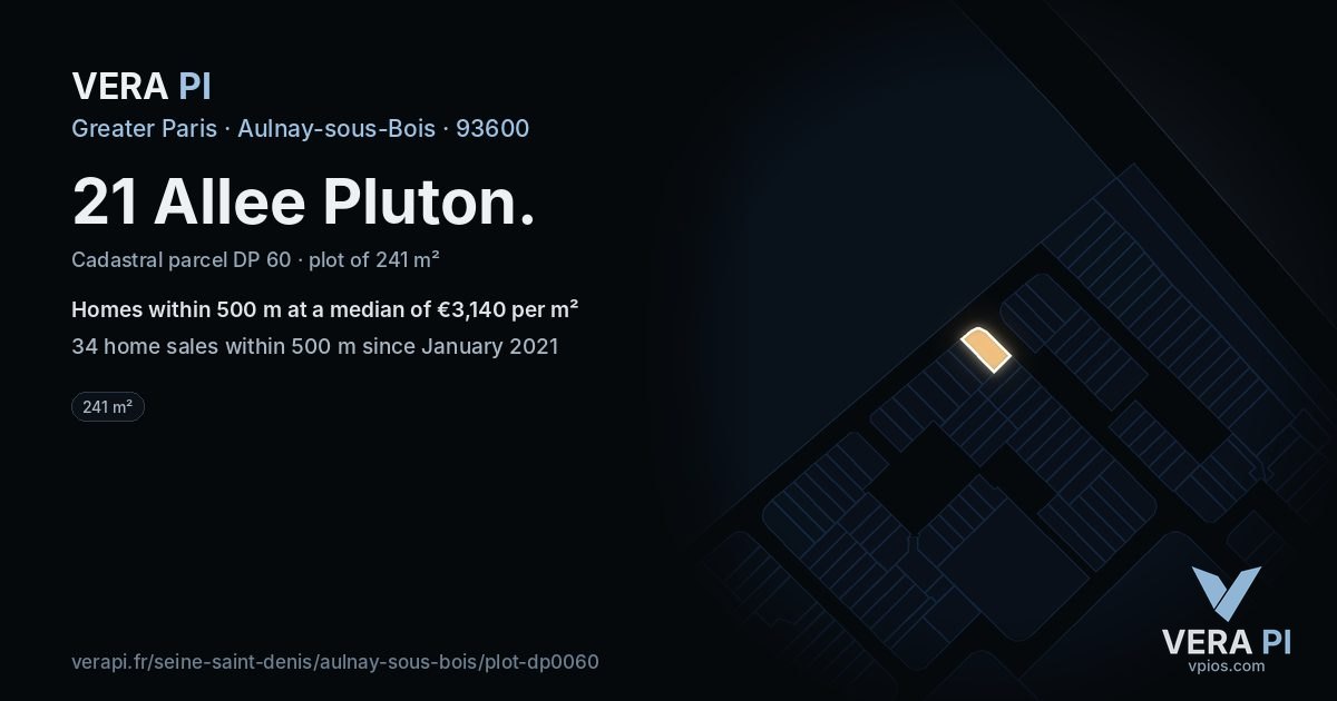 21 Allee Pluton, Aulnay-sous-Bois at night – the plot lit, the parcels around coloured by the prices near them