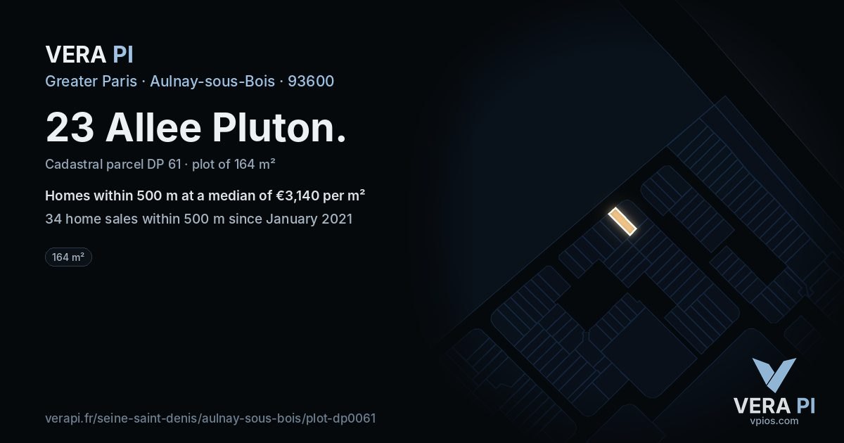 23 Allee Pluton, Aulnay-sous-Bois at night – the plot lit, the parcels around coloured by the prices near them