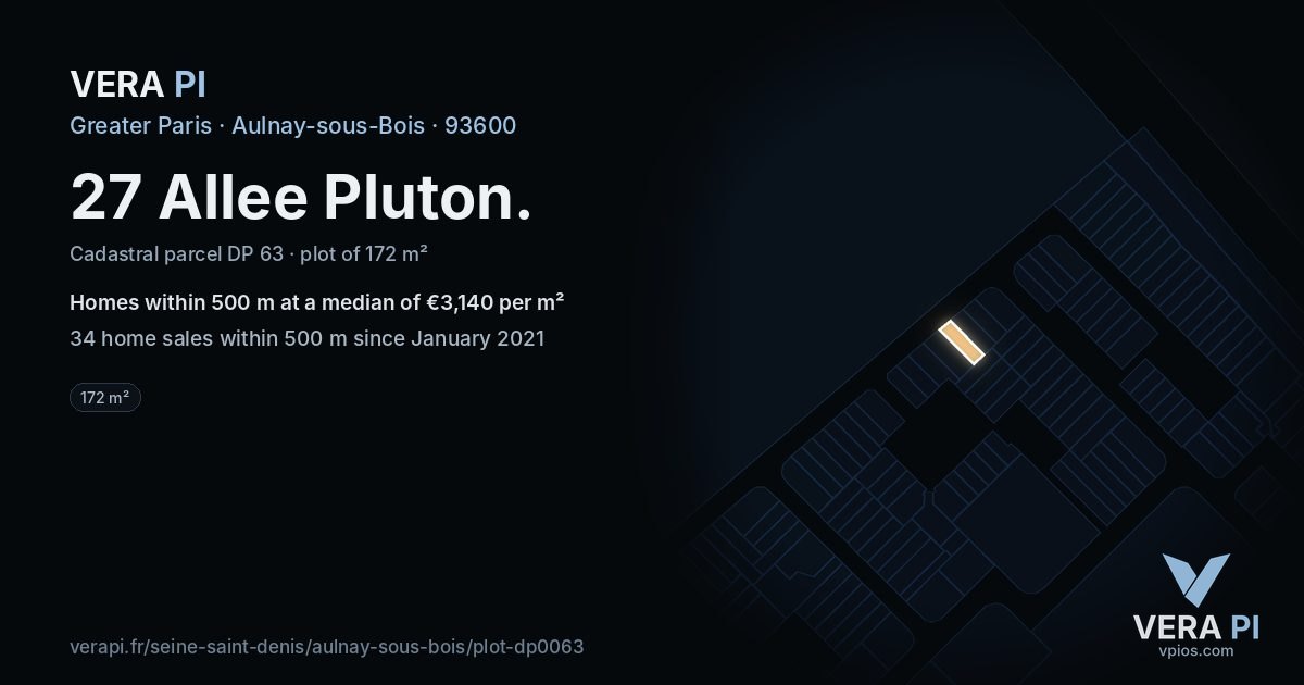 27 Allee Pluton, Aulnay-sous-Bois at night – the plot lit, the parcels around coloured by the prices near them