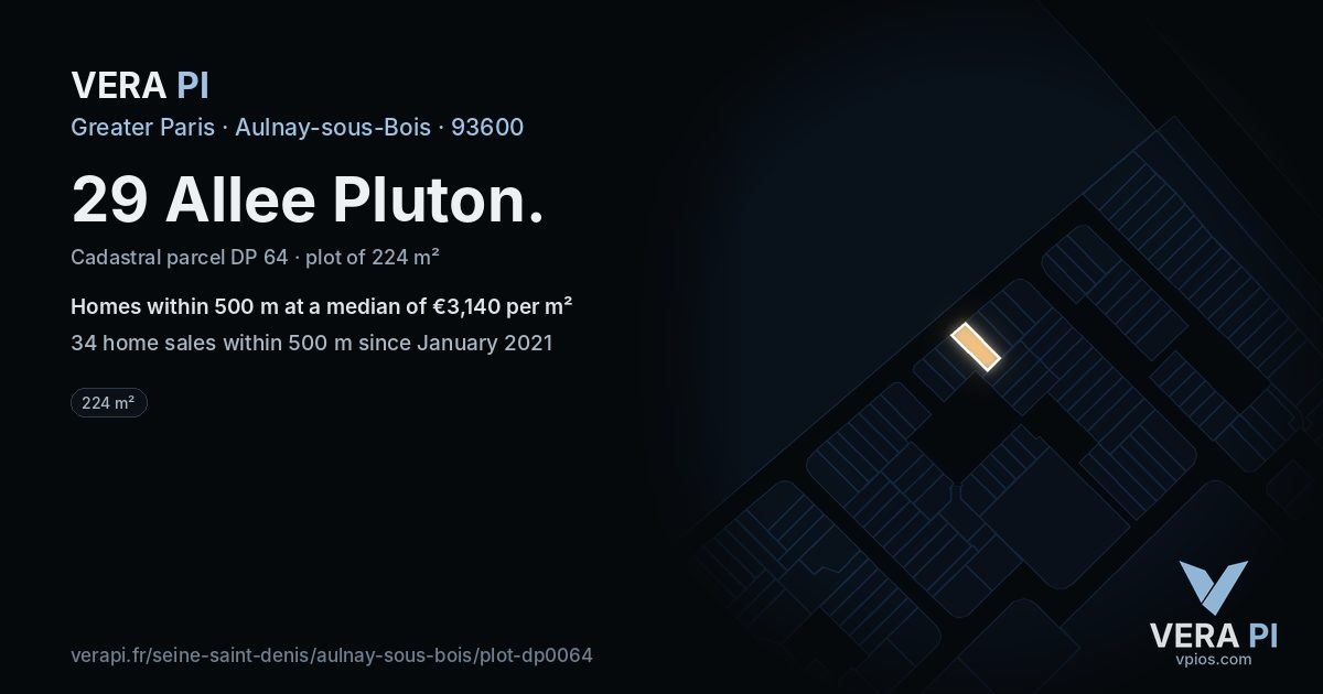 29 Allee Pluton, Aulnay-sous-Bois at night – the plot lit, the parcels around coloured by the prices near them