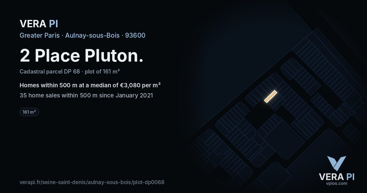 2 Place Pluton, Aulnay-sous-Bois at night – the plot lit, the parcels around coloured by the prices near them