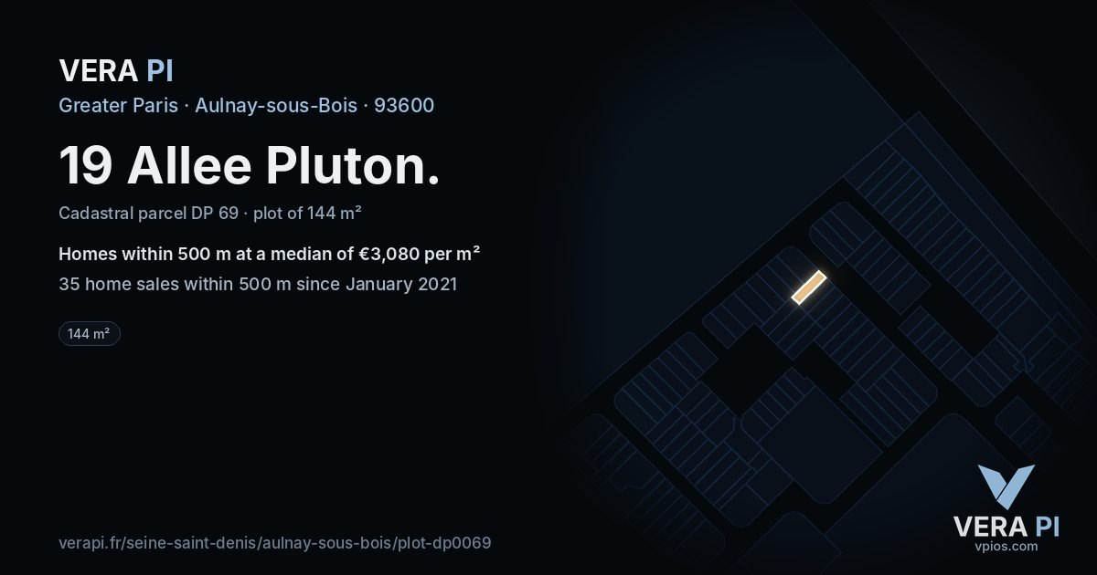 19 Allee Pluton, Aulnay-sous-Bois at night – the plot lit, the parcels around coloured by the prices near them