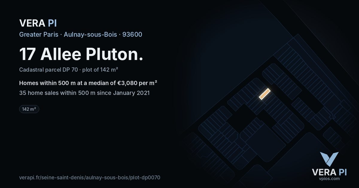 17 Allee Pluton, Aulnay-sous-Bois at night – the plot lit, the parcels around coloured by the prices near them