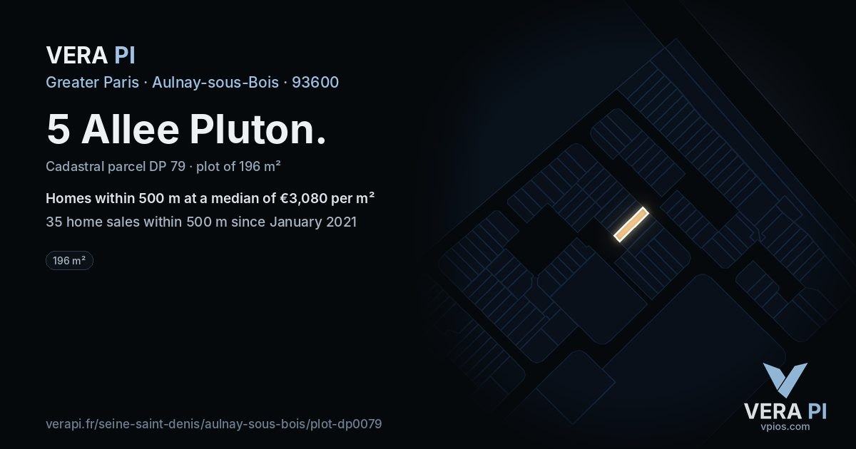 5 Allee Pluton, Aulnay-sous-Bois at night – the plot lit, the parcels around coloured by the prices near them
