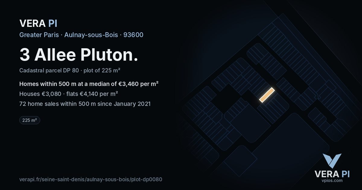 3 Allee Pluton, Aulnay-sous-Bois at night – the plot lit, the parcels around coloured by the prices near them