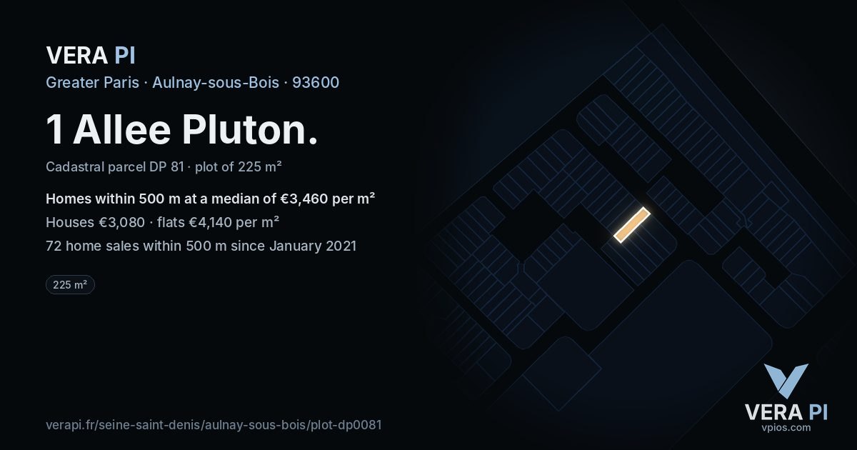 1 Allee Pluton, Aulnay-sous-Bois at night – the plot lit, the parcels around coloured by the prices near them