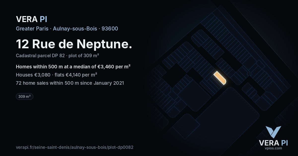 12 Rue de Neptune, Aulnay-sous-Bois at night – the plot lit, the parcels around coloured by the prices near them