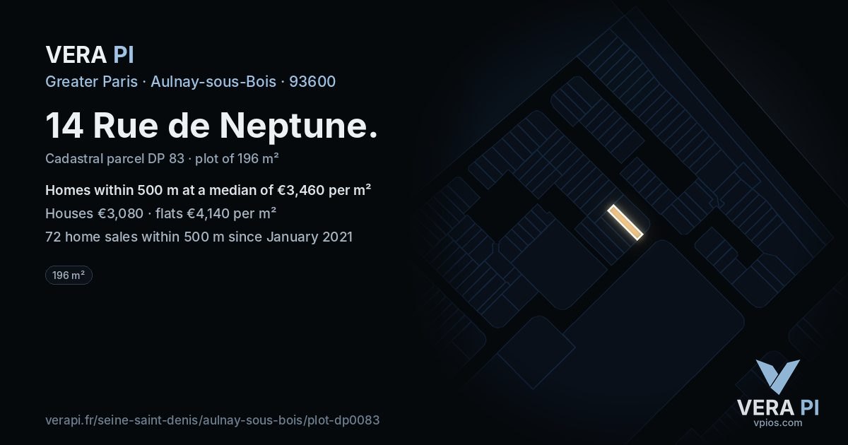14 Rue de Neptune, Aulnay-sous-Bois at night – the plot lit, the parcels around coloured by the prices near them
