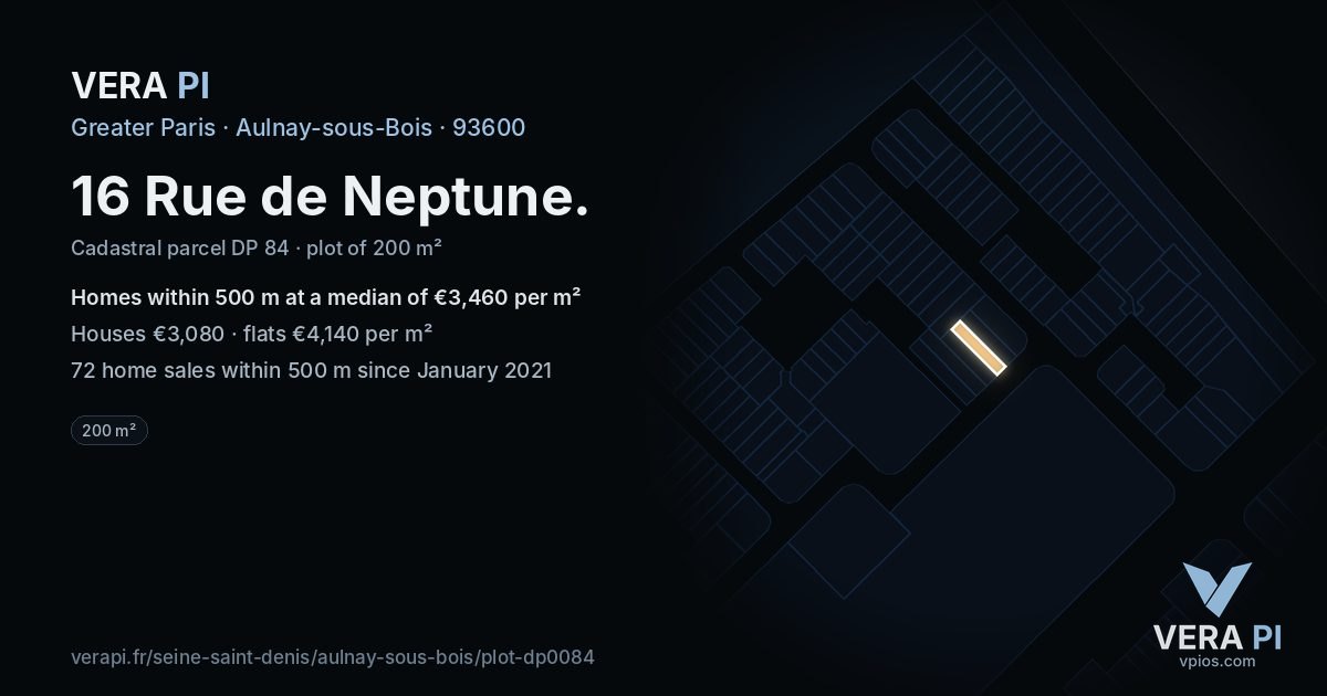 16 Rue de Neptune, Aulnay-sous-Bois at night – the plot lit, the parcels around coloured by the prices near them