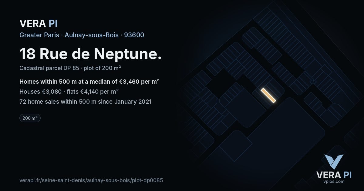 18 Rue de Neptune, Aulnay-sous-Bois at night – the plot lit, the parcels around coloured by the prices near them