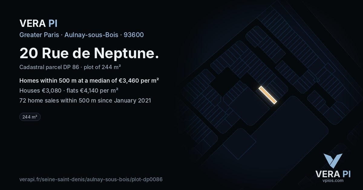 20 Rue de Neptune, Aulnay-sous-Bois at night – the plot lit, the parcels around coloured by the prices near them