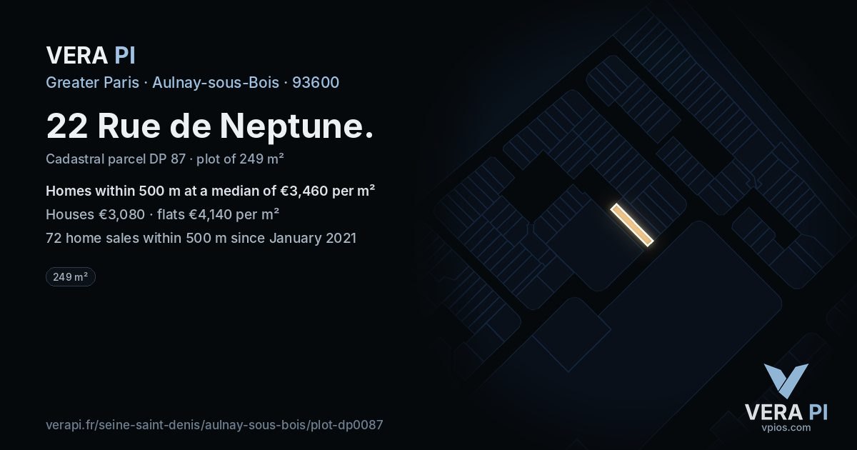 22 Rue de Neptune, Aulnay-sous-Bois at night – the plot lit, the parcels around coloured by the prices near them
