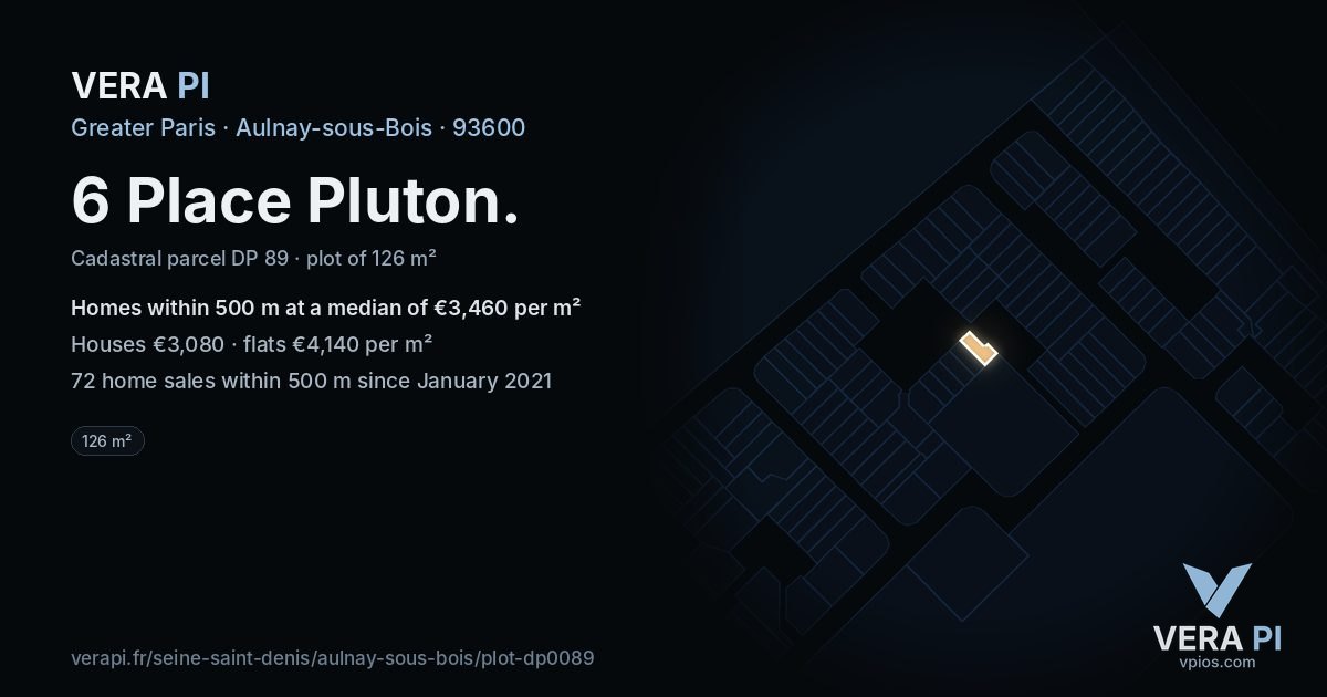 6 Place Pluton, Aulnay-sous-Bois at night – the plot lit, the parcels around coloured by the prices near them