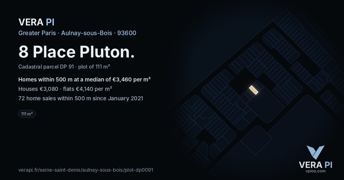 8 Place Pluton, Aulnay-sous-Bois at night – the plot lit, the parcels around coloured by the prices near them