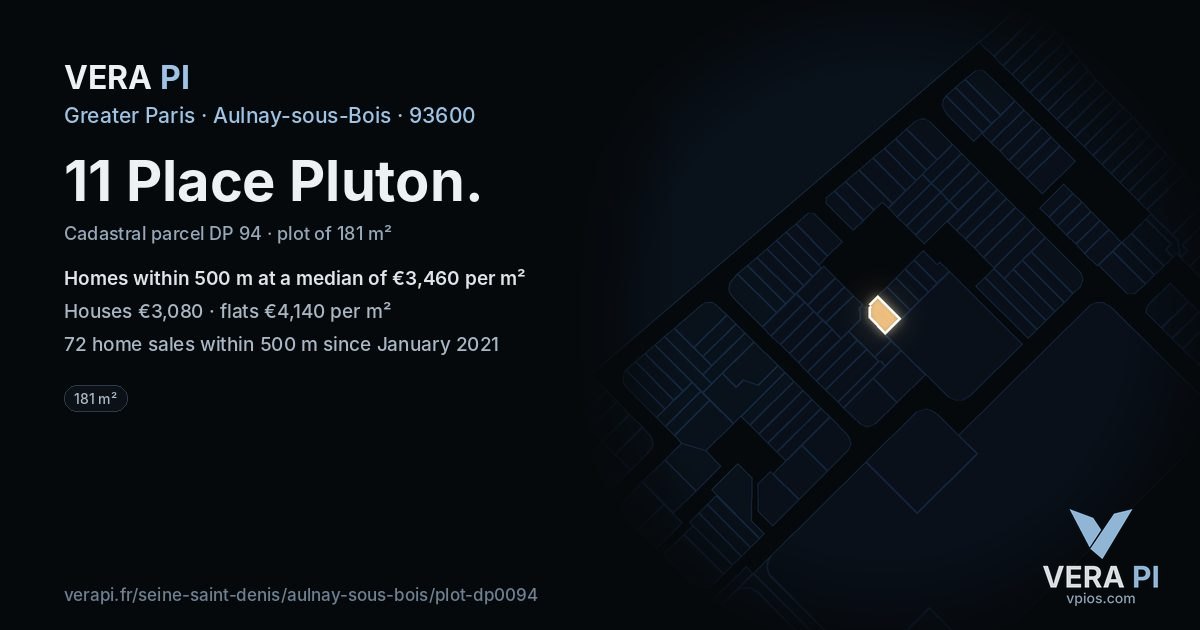 11 Place Pluton, Aulnay-sous-Bois at night – the plot lit, the parcels around coloured by the prices near them