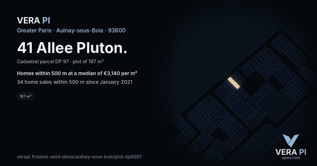 41 Allee Pluton, Aulnay-sous-Bois at night – the plot lit, the parcels around coloured by the prices near them