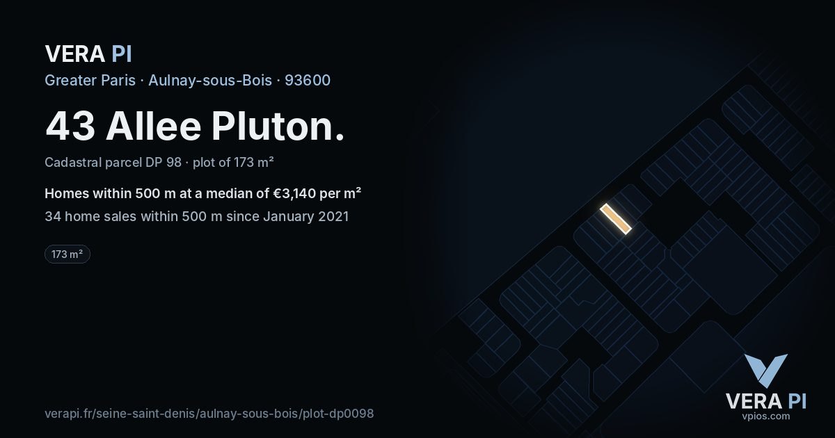 43 Allee Pluton, Aulnay-sous-Bois at night – the plot lit, the parcels around coloured by the prices near them