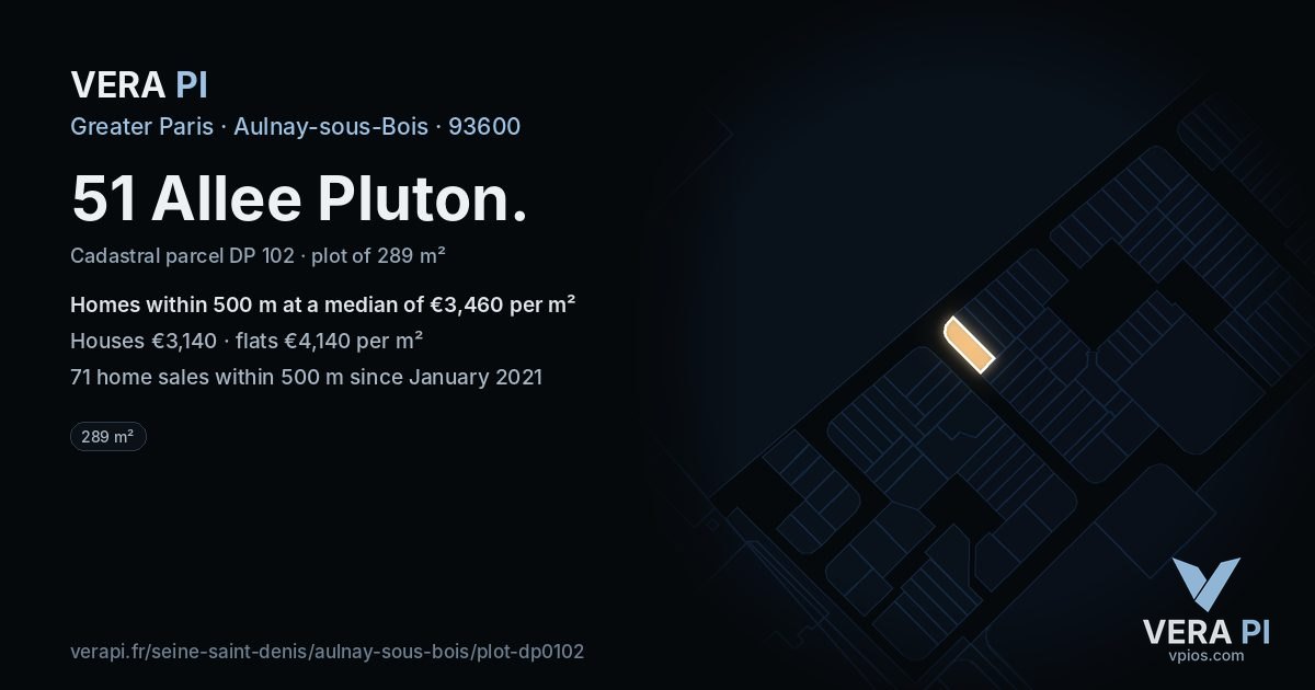 51 Allee Pluton, Aulnay-sous-Bois at night – the plot lit, the parcels around coloured by the prices near them