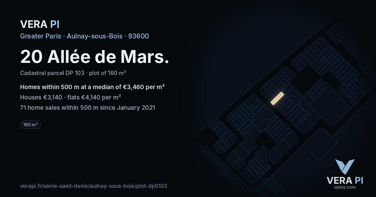 20 Allée de Mars, Aulnay-sous-Bois at night – the plot lit, the parcels around coloured by the prices near them