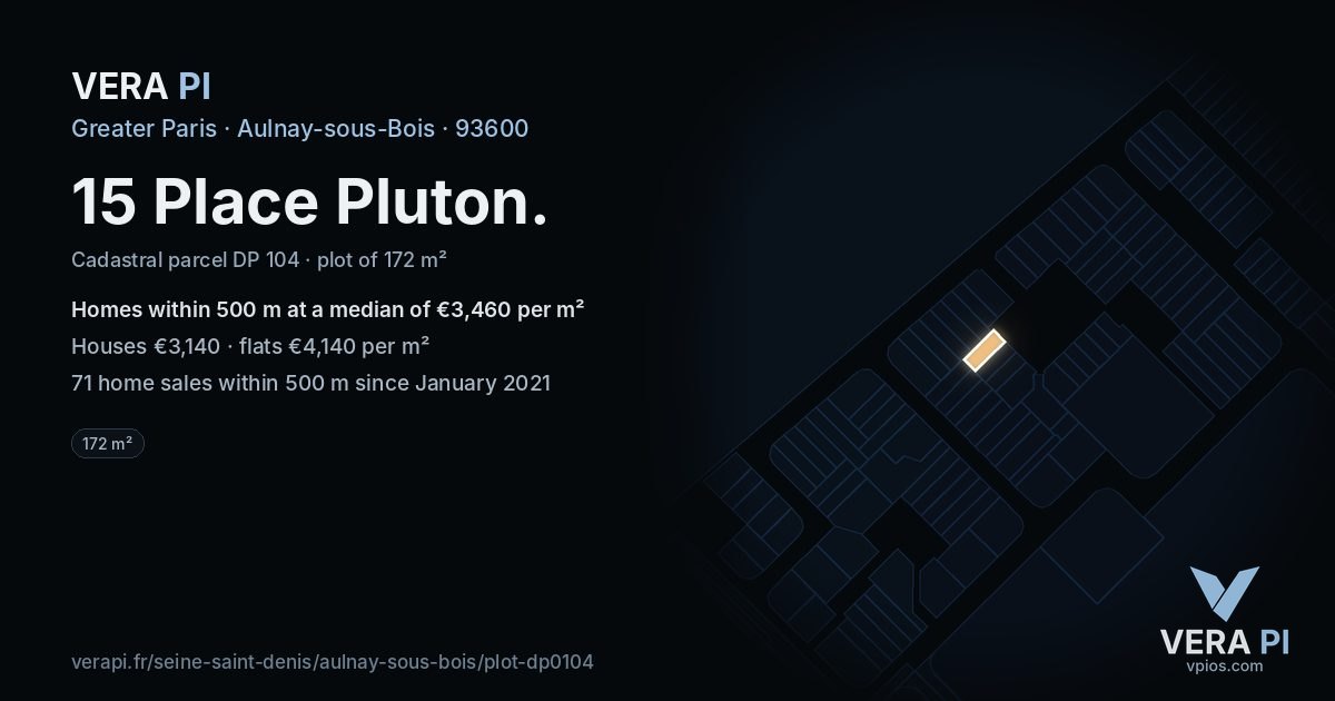 15 Place Pluton, Aulnay-sous-Bois at night – the plot lit, the parcels around coloured by the prices near them