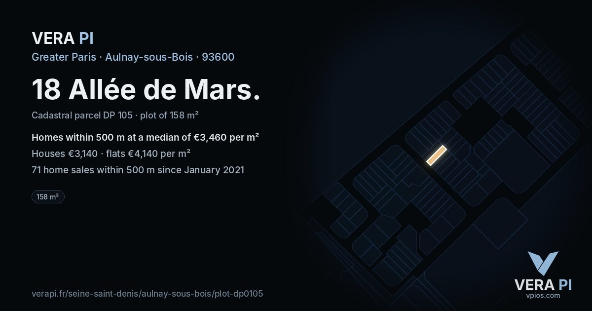 18 Allée de Mars, Aulnay-sous-Bois at night – the plot lit, the parcels around coloured by the prices near them