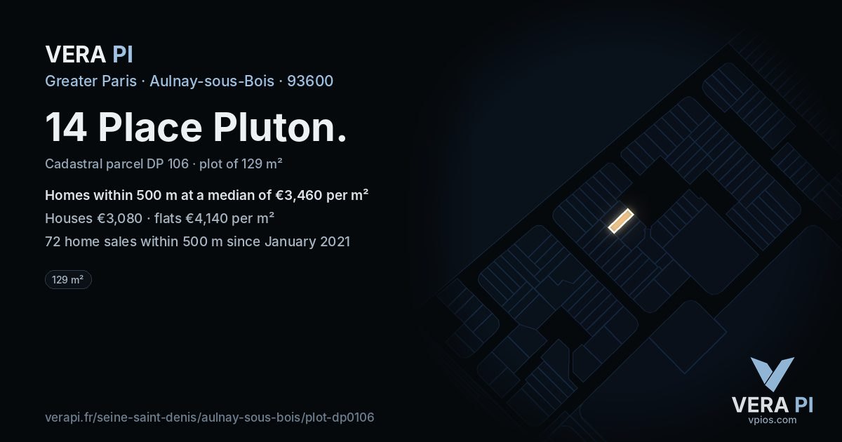 14 Place Pluton, Aulnay-sous-Bois at night – the plot lit, the parcels around coloured by the prices near them