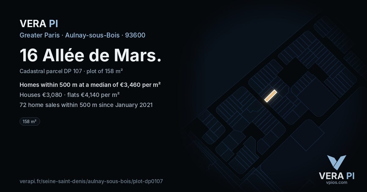 16 Allée de Mars, Aulnay-sous-Bois at night – the plot lit, the parcels around coloured by the prices near them