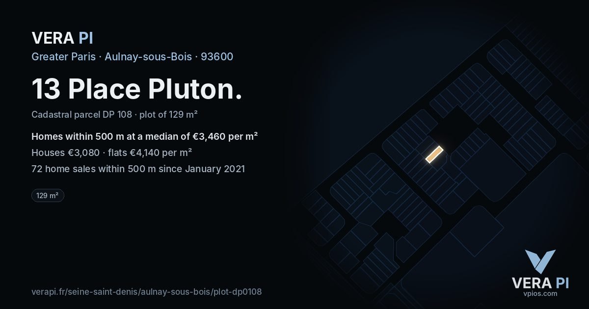 13 Place Pluton, Aulnay-sous-Bois at night – the plot lit, the parcels around coloured by the prices near them
