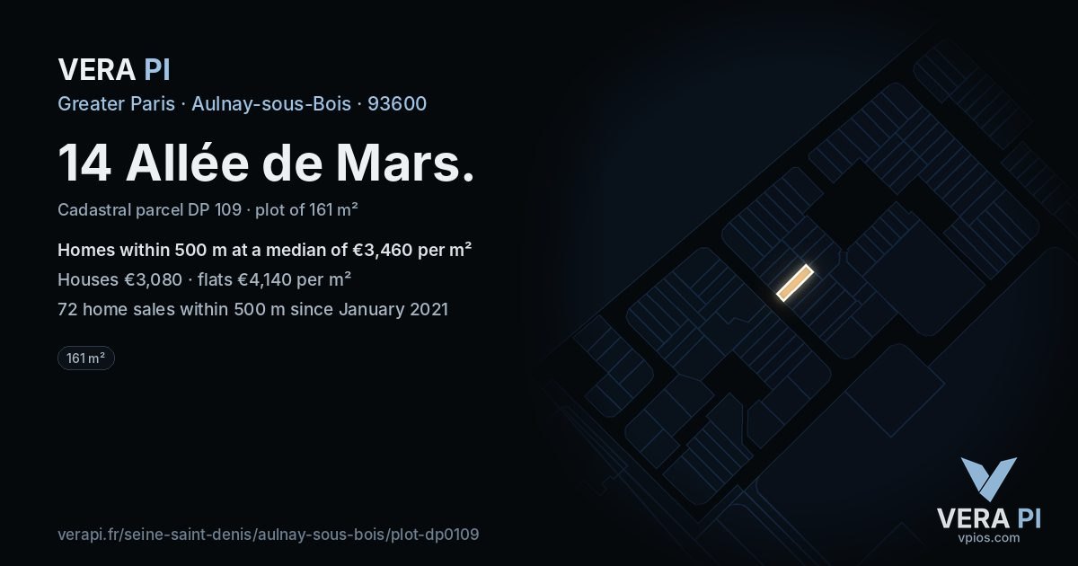 14 Allée de Mars, Aulnay-sous-Bois at night – the plot lit, the parcels around coloured by the prices near them