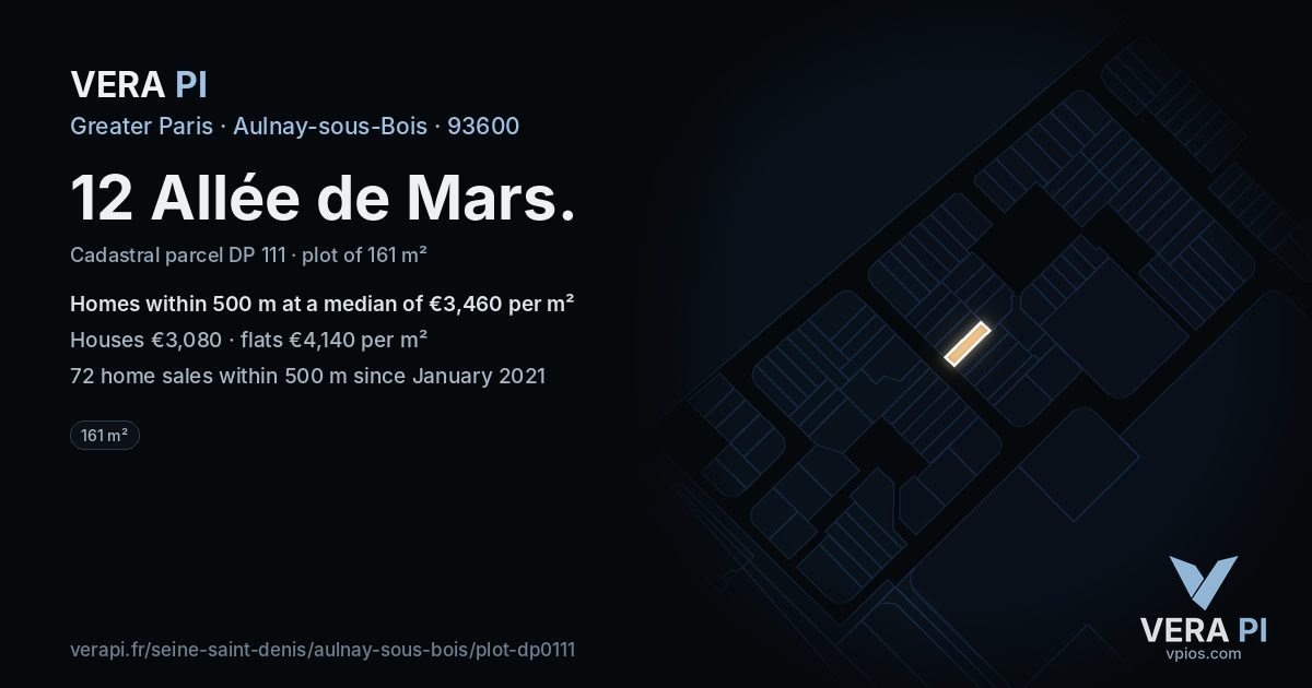12 Allée de Mars, Aulnay-sous-Bois at night – the plot lit, the parcels around coloured by the prices near them
