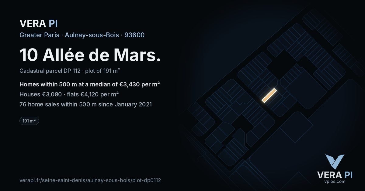 10 Allée de Mars, Aulnay-sous-Bois at night – the plot lit, the parcels around coloured by the prices near them