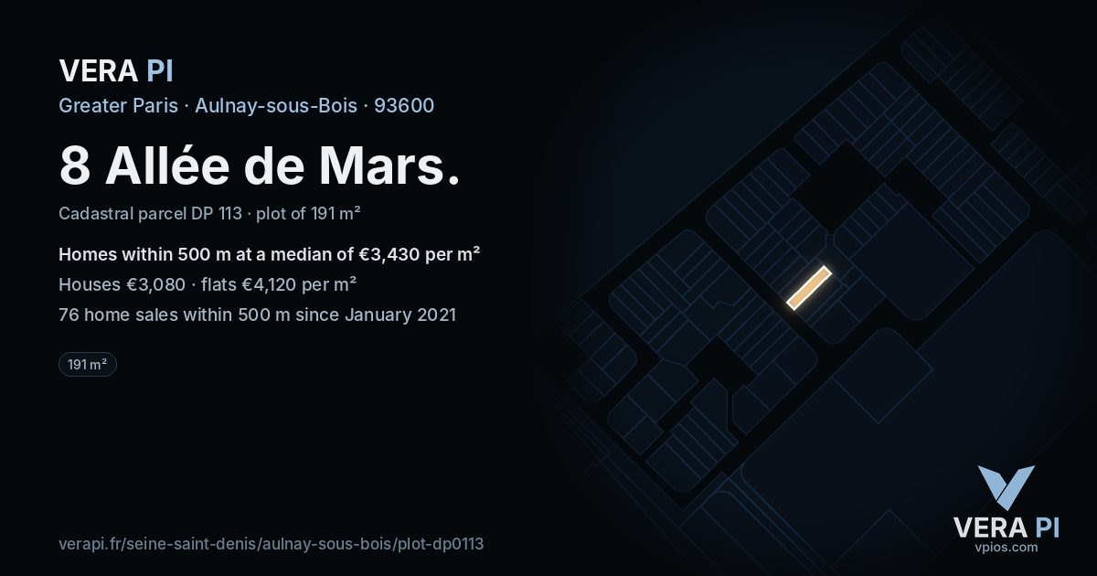 8 Allée de Mars, Aulnay-sous-Bois at night – the plot lit, the parcels around coloured by the prices near them