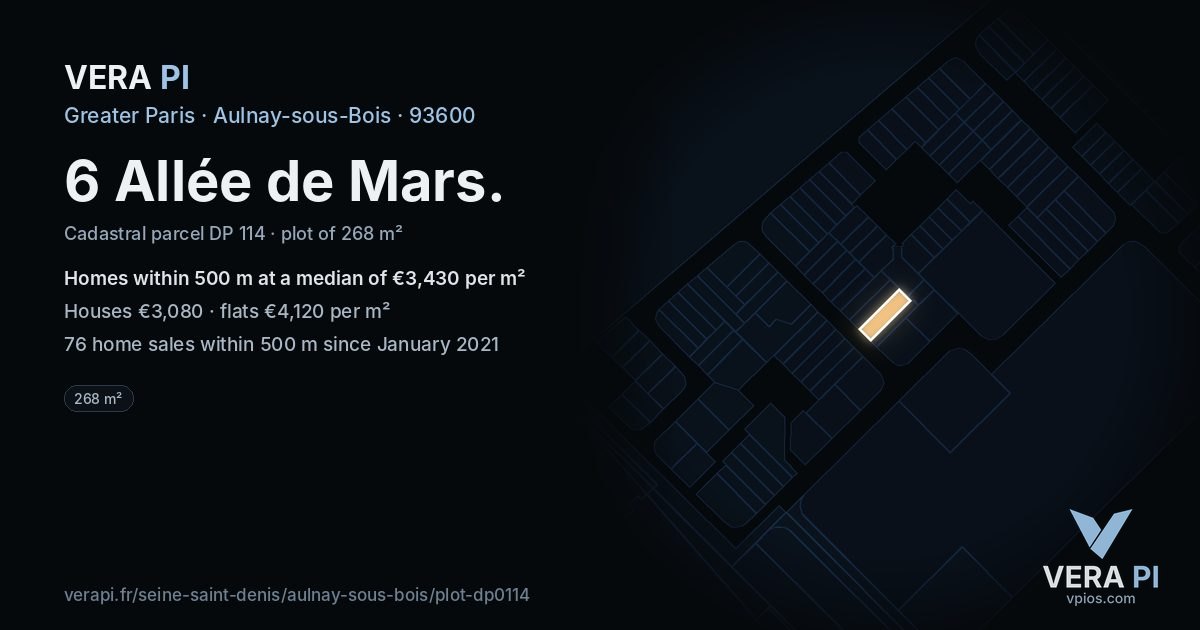 6 Allée de Mars, Aulnay-sous-Bois at night – the plot lit, the parcels around coloured by the prices near them