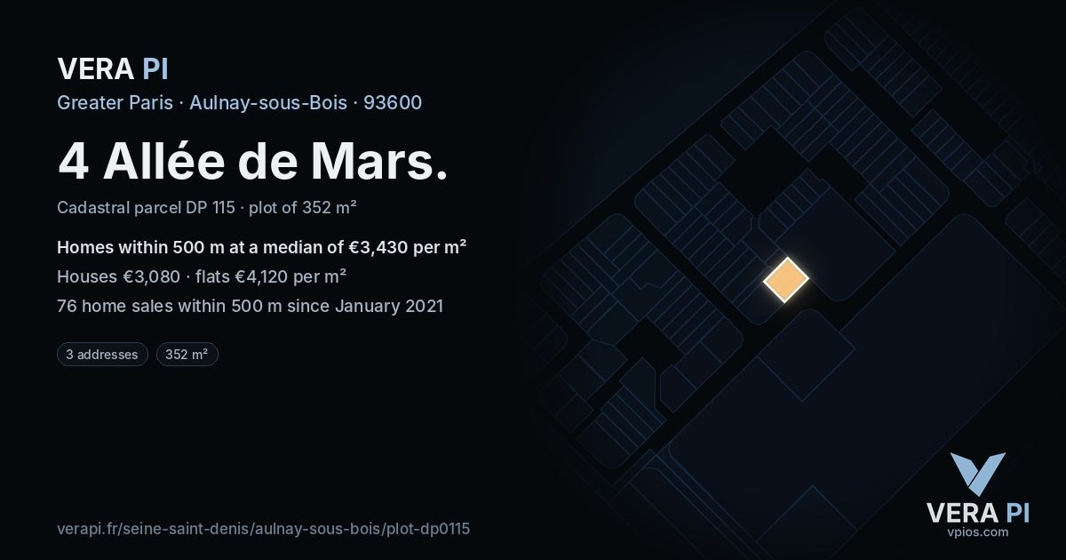 4 Allée de Mars, Aulnay-sous-Bois at night – the plot lit, the parcels around coloured by the prices near them