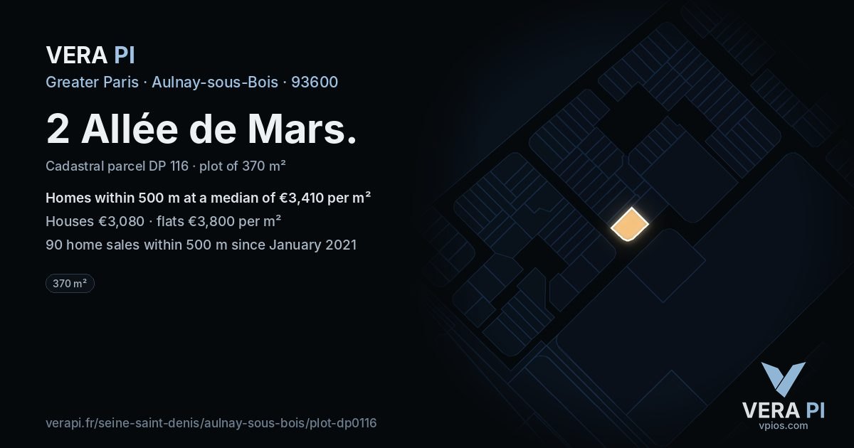 2 Allée de Mars, Aulnay-sous-Bois at night – the plot lit, the parcels around coloured by the prices near them