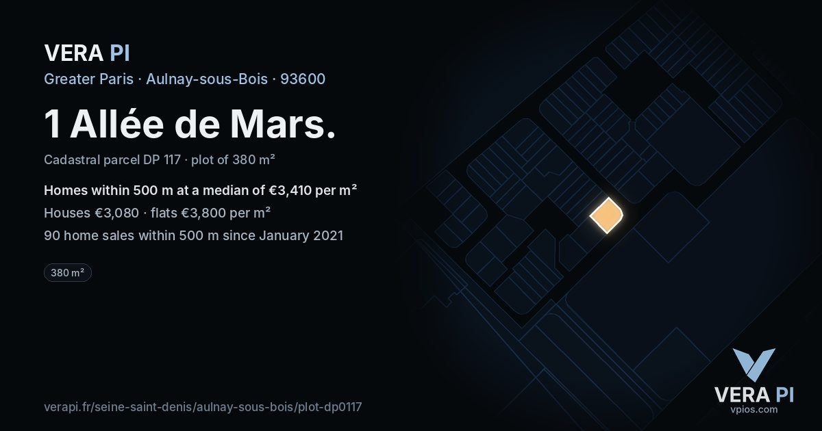 1 Allée de Mars, Aulnay-sous-Bois at night – the plot lit, the parcels around coloured by the prices near them